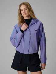 4F Kurtka przejściowa damska - fioletowa L. Fioletowe kurtki damskie 4f, l, bez wzorów, z materiału, bez kaptura. Za 349.99 zł.