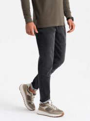 Spodnie męskie jeansowe TAPERED FIT z przeszyciami i podwiniętymi nogawkami – czarne V3 - Rozmiar: M. Czarne spodnie materiałowe męskie Ombre Clothing, m, z aplikacjami, z bawełny, eleganckie. W wyprzedaży za 134.99 zł.