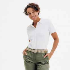 Koszulka polo do golfa z krótkim rękawem damska Inesis MW500. Białe obuwie sportowe damskie INESIS, bez wzorów, z bawełny, na golfa. Za 59.99 zł.