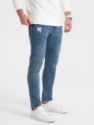 Spodnie męskie jeansowe SKINNY FIT - jasny niebieski. Niebieskie spodnie materiałowe męskie Ombre Clothing, m, bez wzorów, z bawełny. W wyprzedaży za 69.99 zł.