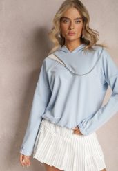 Niebieska Asymetryczna Bluza z Bawełny z Kapturem i Ozdobnym Suwakiem Lueur. Niebieskie bluzy damskie Renee, bez wzorów, z bawełny, z kapturem. Za 79.99 zł.