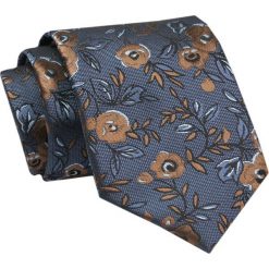 Elegancki, Klasyczny, Męski Krawat -ALTIES - Niebieski z Motywem Beżowobrązowych Kwiatów. Niebieskie krawaty i muchy Alties, bez wzorów, z tkaniny, eleganckie. Za 49.00 zł.