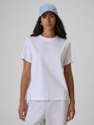 4F T-shirt regular gładki damski - biały M. Białe t-shirty damskie 4f, m, bez wzorów, z materiału, bez kołnierzyka. W wyprzedaży za 59.99 zł.
