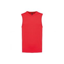 Sweter bez rękawów z dekoltem w szpic Kariban. Czerwone swetry damskie KARIBAN, na zimę, bez wzorów, z bawełny, bez kołnierzyka, bez ramiączek, bez kaptura. Za 179.00 zł.