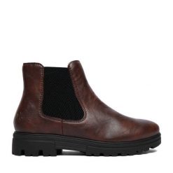Botki Rieker. Brązowe botki damskie Rieker, bez obcasa, na płaskiej podeszwie, bez zapięcia. Za 369.99 zł.