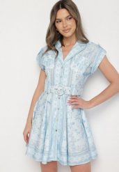 Niebieska Wiskozowa Sukienka o Koszulowym Kroju z Paskiem z Klamrą Nitariela. Niebieskie sukienki damskie Born2be, na spotkanie biznesowe, l, bez wzorów, z wiskozy, eleganckie, bez kołnierzyka, bez ramiączek, mini, koszulowe. Za 219.99 zł.