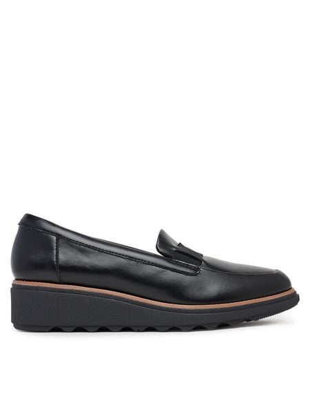 Clarks Półbuty Sharon Pace 26184342 Czarny. Czarne półbuty damskie Clarks, bez wzorów, ze skóry, bez obcasa, na koturnie, bez zapięcia. Za 399.99 zł.