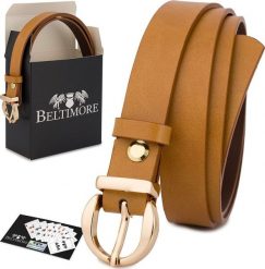 Beltimore Skórzany pasek damski do spodni sukienki camelowa skóra nat 1,8 cm Beltimore O24 : Kolory - brązowy, beżowy, Rozmiar pasków - r.80-95 cm NoS. Brązowe sukienki damskie Beltimore, bez wzorów, ze skóry, bez kołnierzyka, bez ramiączek. Za 54.99 zł.