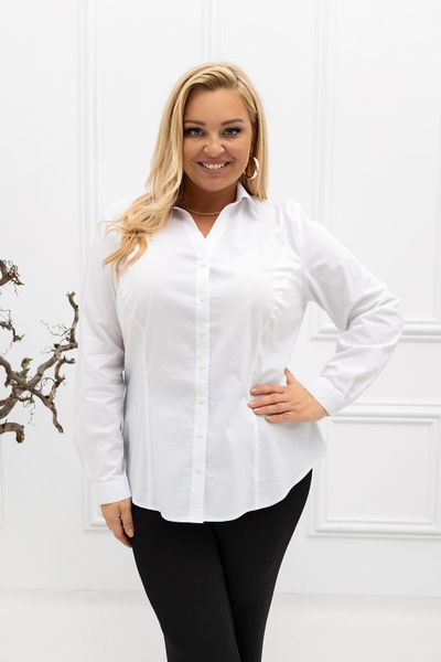 Klasyczna elegancka biała koszula Lucy PLUS SIZE XXL. Białe bluzki damskie Nasi partnerzy, l, bez wzorów, z bawełny, biznesowe, bez kołnierzyka, plus size, bez ramiączek. Za 199.90 zł.