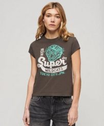 Superdry Damska koszulka z krótkimi rękawami i ozdobnym nadrukiem. Czarne t-shirty damskie Superdry., bez wzorów, z bawełny, bez kołnierzyka. Za 149.65 zł.