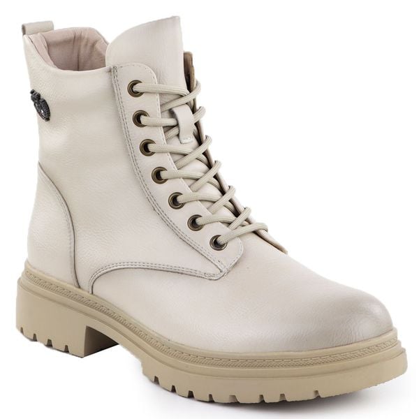 Botki damskie workery ocieplane beżowe Potocki 25-19324. Brązowe botki damskie POTOCKI, z materiału, bez obcasa, bez zapięcia. Za 189.99 zł.