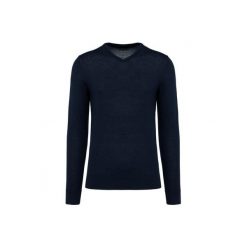 Sweter v-neck z merynosów Kariban Premium. Niebieskie swetry przez głowę męskie KARIBAN, xl, bez wzorów, z wełny, bez kołnierzyka. Za 304.50 zł.