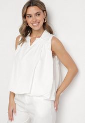 Biała Bluza Rozkloszowana Oversize z Kołnierzykiem Eridwen. Białe bluzki damskie Born2be, m, bez wzorów, klasyczne, bez kołnierzyka, bez ramiączek. Za 64.99 zł.