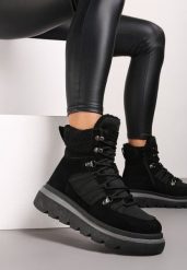 Czarne Futerkowe Traperki na Niskiej Platformie Linivora. Czarne śniegowce i trapery damskie Renee, z jeansu. Za 79.99 zł.