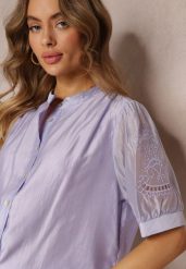 Fioletowa Koszula z Haftowanymi Rękawami Blam. Fioletowe bluzki damskie Renee, l, bez wzorów, z jedwabiu, eleganckie, bez kołnierzyka, bez ramiączek. Za 84.99 zł.