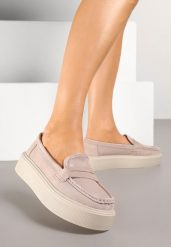 Beżowe Mokasyny na Grubej Podeszwie z Wkładką ze Skóry Naturalnej Polvia. Brązowe mokasyny damskie Renee, z jeansu, eleganckie. Za 159.99 zł.