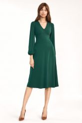 Zielona Elegancka Midi Sukienka z Bufiastym Rękawem. Zielone sukienki damskie Nife, l, bez wzorów, z elastanu, eleganckie, bez kołnierzyka, bez ramiączek, midi. Za 198.90 zł.