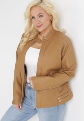 Brązowa Kurtka Ramoneska z Ekoskóry z Ozdobnymi Paskami na Napy Bellassa. Brązowe kurtki damskie Born2be, plus size, bez wzorów, bez kaptura. Za 179.99 zł.