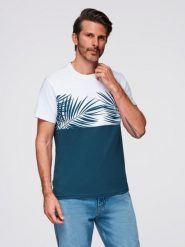 T-shirt meski dwukolorowy z nadrukiem w liście palmy - ciemnoniebieski V1 - Rozmiar: S. Niebieskie t-shirty męskie Ombre Clothing, na lato, m, bez wzorów, z dzianiny, wakacyjne, bez kołnierzyka. W wyprzedaży za 19.99 zł.