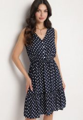 Granatowa Sukienka z Wiskozą i Bawełną w Kropki Lilivena. Niebieskie sukienki damskie Born2be, na co dzień, s, bez wzorów, z bawełny, eleganckie, bez kołnierzyka, bez ramiączek, mini. Za 39.99 zł.