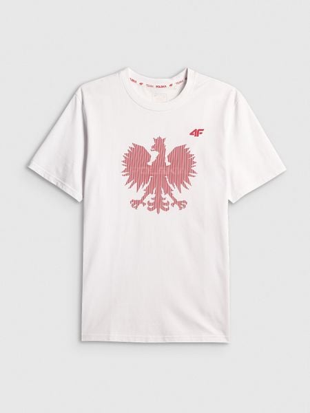 4F Koszulka kibica męska - biała S. Białe koszulki sportowe męskie 4f, m, bez wzorów, z bawełny, bez kołnierzyka, bez ramiączek. Za 79.99 zł.