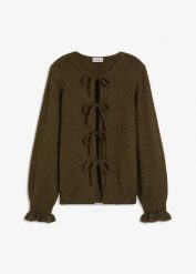 Kardigan oversize z miękkiej mieszanki wełny. Zielone swetry damskie bonprix, bez wzorów, z wełny, bez kołnierzyka, bez ramiączek, bez kaptura. Za 149.99 zł.