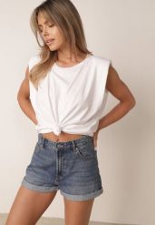 Biały Bawełniany Top Oversize Bez Rękawów z Wiązaniem i Poduszkami w Ramionach Apixie. Białe koszule damskie Born2be, bez wzorów, z bawełny, eleganckie, bez kołnierzyka, bez ramiączek. Za 69.99 zł.