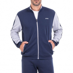 Bluza w kolorze granatowo-jasnoszarym. Niebieskie bluzy męskie Jeep, z nadrukiem, prążkowane. W wyprzedaży za 114.95 zł.
