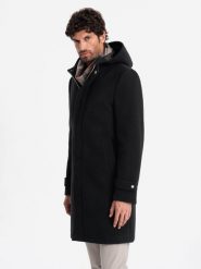 Długi monochromatyczny męski płaszcz z kapturem – czarny V3 - Rozmiar: XXL. Czarne płaszcze męskie Ombre Clothing, m, bez wzorów, z materiału, eleganckie, długie, z kapturem. W wyprzedaży za 412.49 zł.