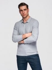 Męski longsleeve z kołnierzykiem polo BASIC – szary melanż V4 - Rozmiar: XL. Szare bluzki z długim rękawem męskie Ombre Clothing, m, bez wzorów, z bawełny, biznesowe, bez kołnierzyka. Za 169.99 zł.