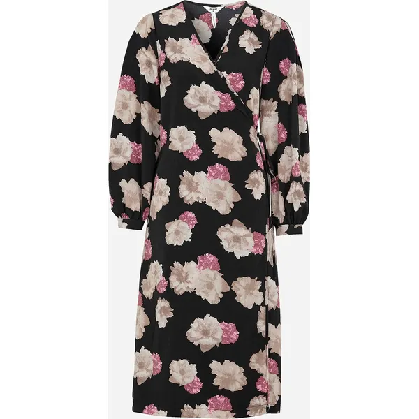 Sukienka Vanessa. Czarne sukienki damskie Object, bez wzorów, z tkaniny, eleganckie, bez kołnierzyka, bez ramiączek, midi, kopertowe. Za 269.00 zł.