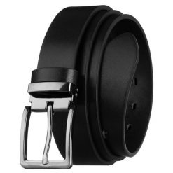 Pasek męski ze skóry ekologicznej w czarnym kolorze, zakończony srebrną, klasyczną klamrą. Czarne paski damskie Inny, bez wzorów, ze skóry ekologicznej, eleganckie. Za 29.99 zł.