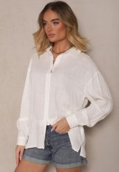 Biała Koszula Oversize z Lnem i Wiskozą Katilira. Białe bluzki damskie Renee, m, bez wzorów, z jeansu, biznesowe, bez kołnierzyka, bez ramiączek. Za 84.99 zł.