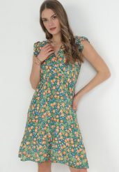 Zielona Rozkloszowana Sukienka z Wiskozy w Kwiaty Evalis. Zielone sukienki damskie Born2be, na lato, l, bez wzorów, z wiskozy, bez kołnierzyka, bez ramiączek, mini, rozkloszowane. Za 59.99 zł.