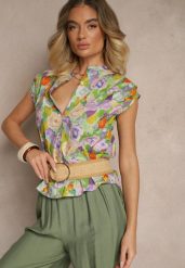 Fioletowo-Zielona Koszula z Bawełny w Kwiaty Natilea. Fioletowe bluzki damskie Renee, l, bez wzorów, z bawełny, eleganckie, bez kołnierzyka, bez ramiączek. Za 69.99 zł.