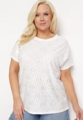 Biały T-shirt Koszulka z Krótkim Rękawem z Ażurowej Tkaniny Nispia. Białe bluzki damskie Born2be, plus size, w ażurowe wzory, z jeansu, eleganckie, bez kołnierzyka. Za 34.99 zł.