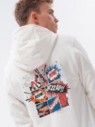Bluza męska hoodie z nadrukiem na plecach - ecru V3. Bluzy męskie Ombre Clothing, m, bez wzorów, bez kaptura. W wyprzedaży za 29.99 zł.