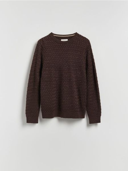 Strukturalny sweter z wełną - ciemnobrązowy. Brązowe swetry przez głowę męskie Reserved, l, bez wzorów, z dzianiny, bez kołnierzyka. Za 159.99 zł.