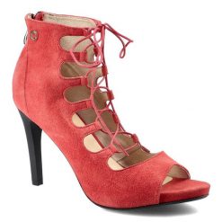 Botki damskie Carinii, naturalna skóra zamszowa z ażurową cholewką wiązaną z przodu odkrytymi palcami oraz smukłym obcasem, beżowe, B3355_F37-000-000. Czerwone botki damskie Carinii, na lato, z jeansu, eleganckie, z otwartym noskiem, bez obcasa, na szpilce, bez zapięcia. Za 239.00 zł.