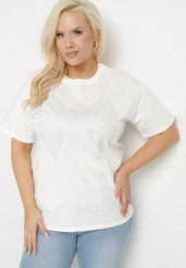 Biały T-shirt ze Wzorem z Cyrkonii Olisellea. Białe bluzki damskie Born2be, xl, bez wzorów, z bawełny, bez kołnierzyka, bez ramiączek. Za 44.99 zł.