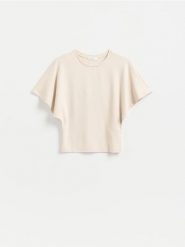 T-shirt z modalem - beżowy. Brązowe t-shirty damskie Reserved, l, bez wzorów, z dzianiny, bez kołnierzyka. Za 69.99 zł.