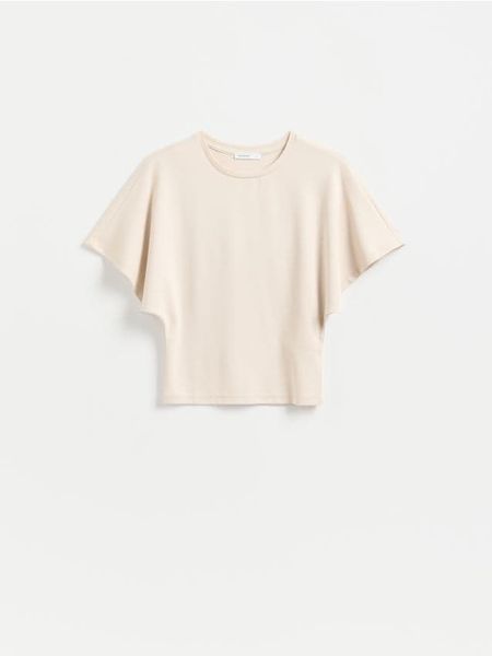 T-shirt z modalem - beżowy. Brązowe t-shirty damskie Reserved, l, bez wzorów, z dzianiny, bez kołnierzyka. Za 69.99 zł.