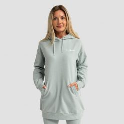 Bluza damska fitness z kapturem długa eukaliptowa Limitless Longline. Zielone bluzy damskie GYMBEAM, m, bez wzorów, z bawełny, z kapturem, na fitness i siłownię. Za 127.90 zł.