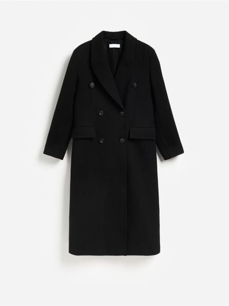 Dwurzędowy płaszcz - czarny. Czarne płaszcze damskie Reserved, l, bez wzorów, z tkaniny, bez kaptura. Za 359.99 zł.