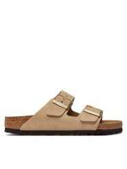 Birkenstock Klapki Arizona 1019016 Beżowy. Brązowe klapki damskie Birkenstock, bez wzorów, z nubiku, bez obcasa. Za 579.99 zł.