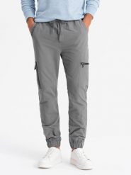 Spodnie męskie joggery z kieszeniami cargo i printem – szare V4 OM-PAJO-0200 - XXL. Szare spodnie materiałowe męskie Ombre Clothing, l, z aplikacjami, z bawełny. Za 137.99 zł.
