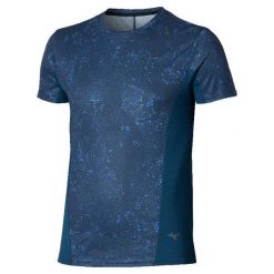 Koszulka Mizuno Dryaerofl Graphic. Niebieskie koszulki sportowe męskie Mizuno, m, bez wzorów, z materiału, bez kołnierzyka, bez ramiączek, do biegania. Za 229.99 zł.