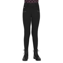 Dziewczęce legginsy jeździeckie z pełną przyczepnością QHP Lize. Czarne legginsy dla dziewczynek QHP, bez wzorów. Za 259.50 zł.