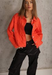 Pomarańczowa Jeansowa Kurtka z Bawełny Perilopei. Brązowe kurtki damskie Renee, l, bez wzorów, z bawełny, bez kaptura. Za 139.99 zł.