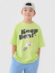 4F T-shirt oversize z nadrukiem chłopięcy - zielony 134 (8-9 lat). Żółte t-shirty dla chłopców 4f, bez wzorów, z bawełny, bez ramiączek. W wyprzedaży za 29.99 zł.